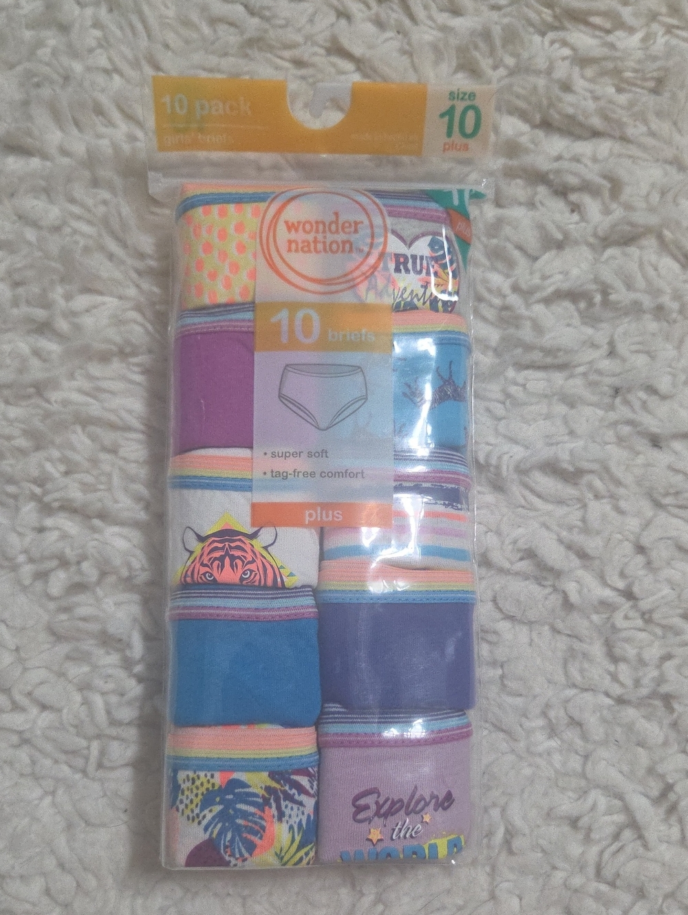 Wonder Nation Girls' Plus 10-Pack Briefs - Purple & Multi